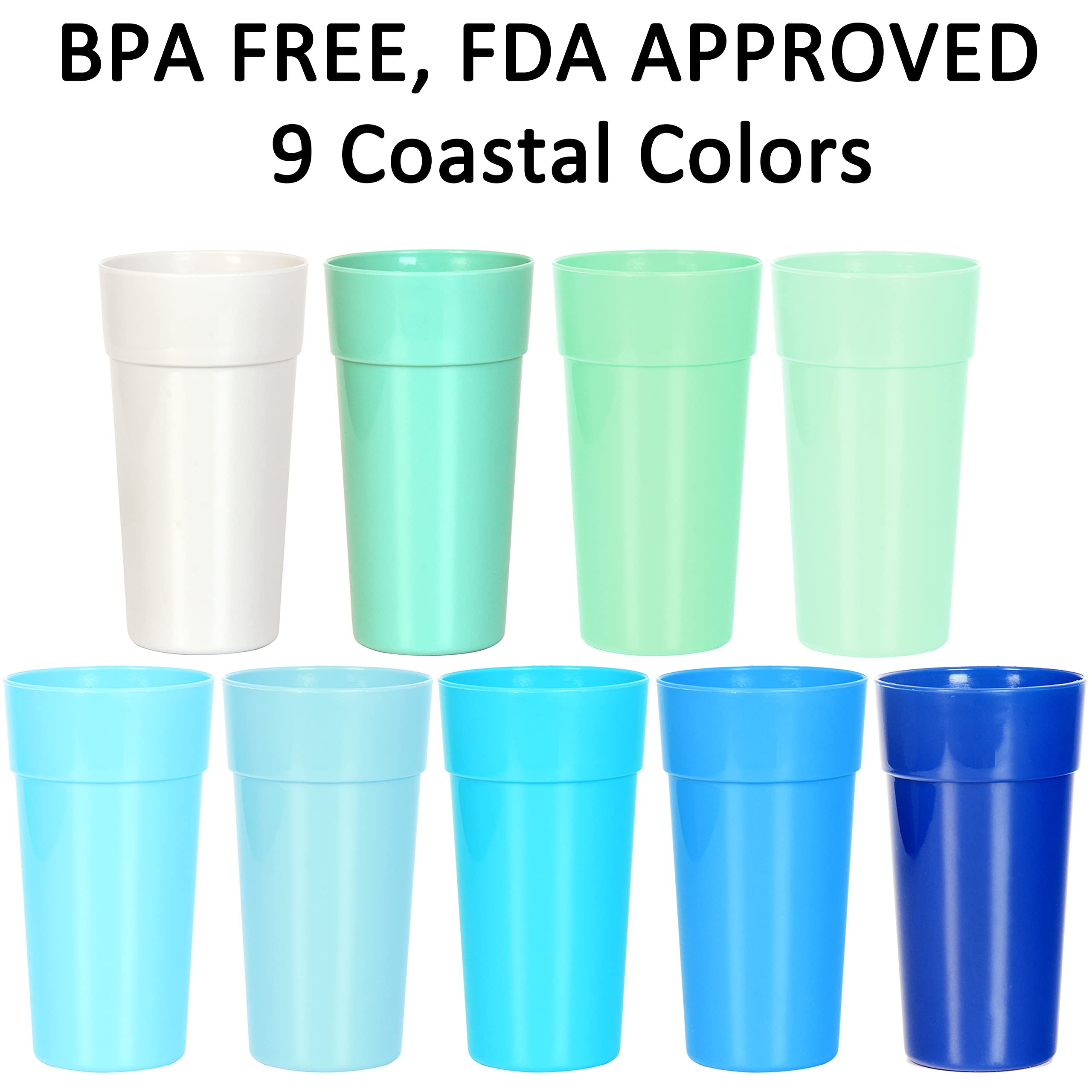 Youngever 18 Pack Unbreakable Plastic Tumblers 20 Ounce, Unbreakable Plastic Drinking Glasses, Plastic Cups, Set of 18 in 9 Coastal Colors