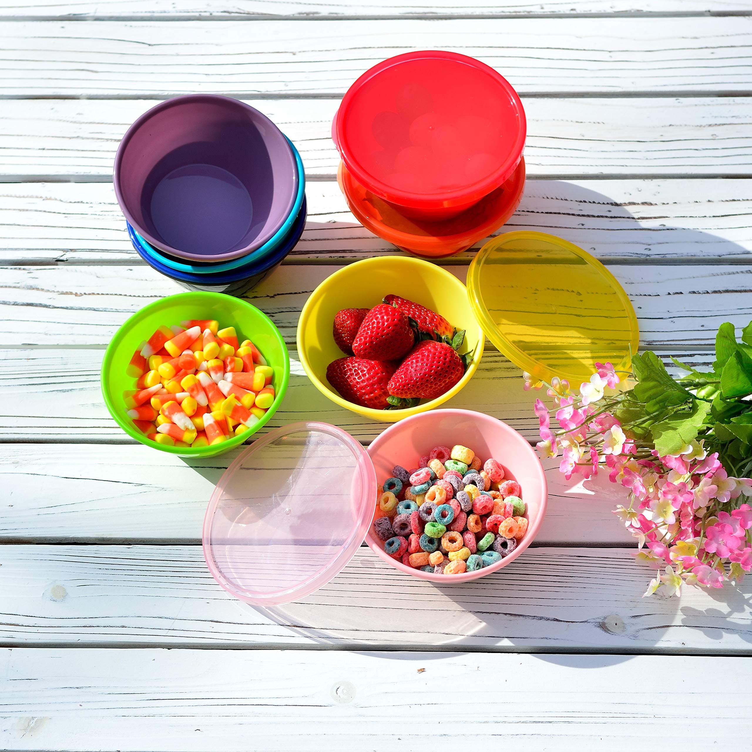 Youngever 12 Ounce Plastic Bowls with Lids, Snack Bowls, Small Bowls, Food Storage Containers, Set of 9 in 9 Assorted Colors