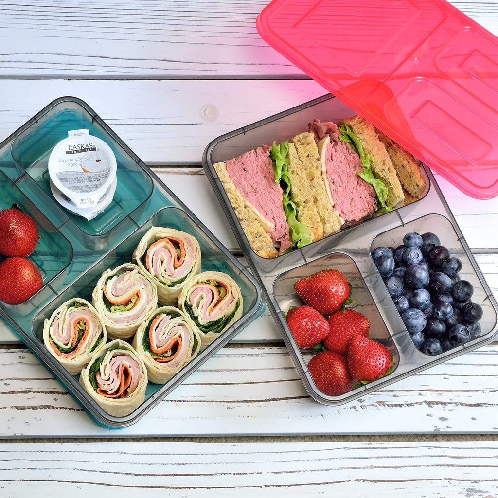 Youngever 7 Sets Thick Large Bento Lunch Box 40 Ounce, Meal Prep Containers, Reusable Plastic Divided Food Storage Container Boxes (3 Compartment)