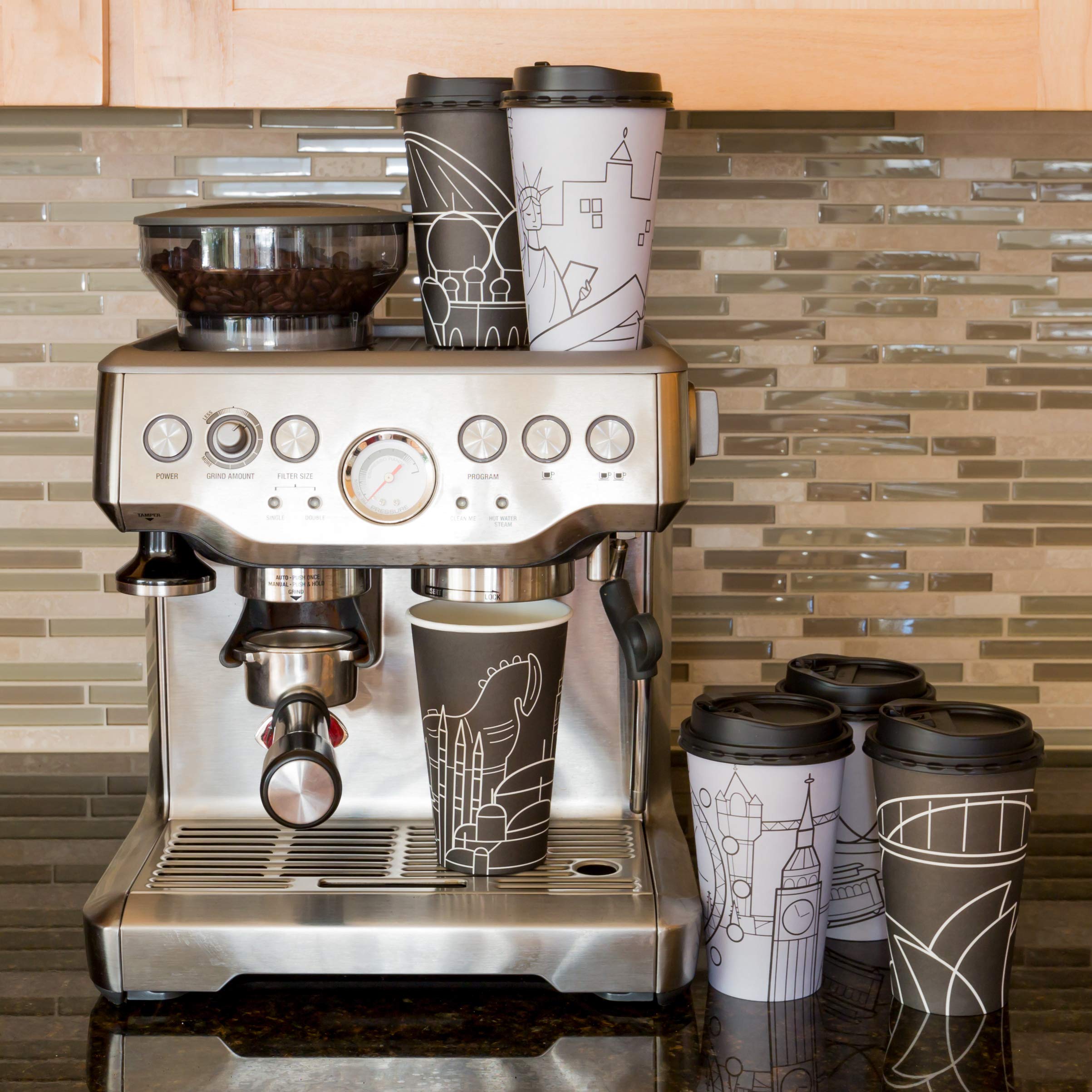 Youngever 70 Sets Disposable Coffee Cups with Lids, To Go Hot Coffee Cups, Durable Paper Cups with Lids, City Skyline Design