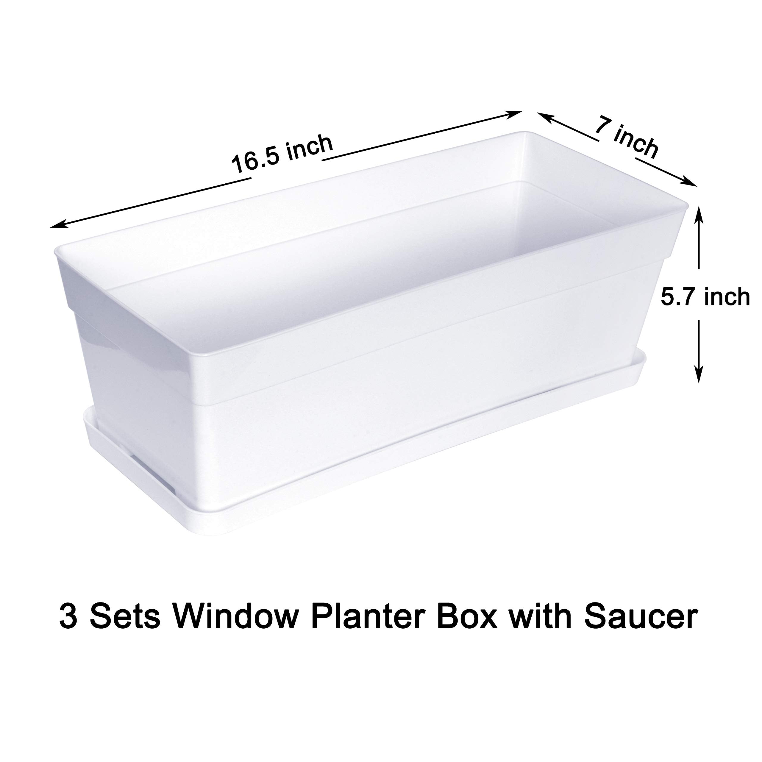 Youngever 3 Pack 15 Inch Plastic Window Box Planter, Heavy Duty, Flower Box Planter with Attached Tray for Windowsill Garden Balcony, White