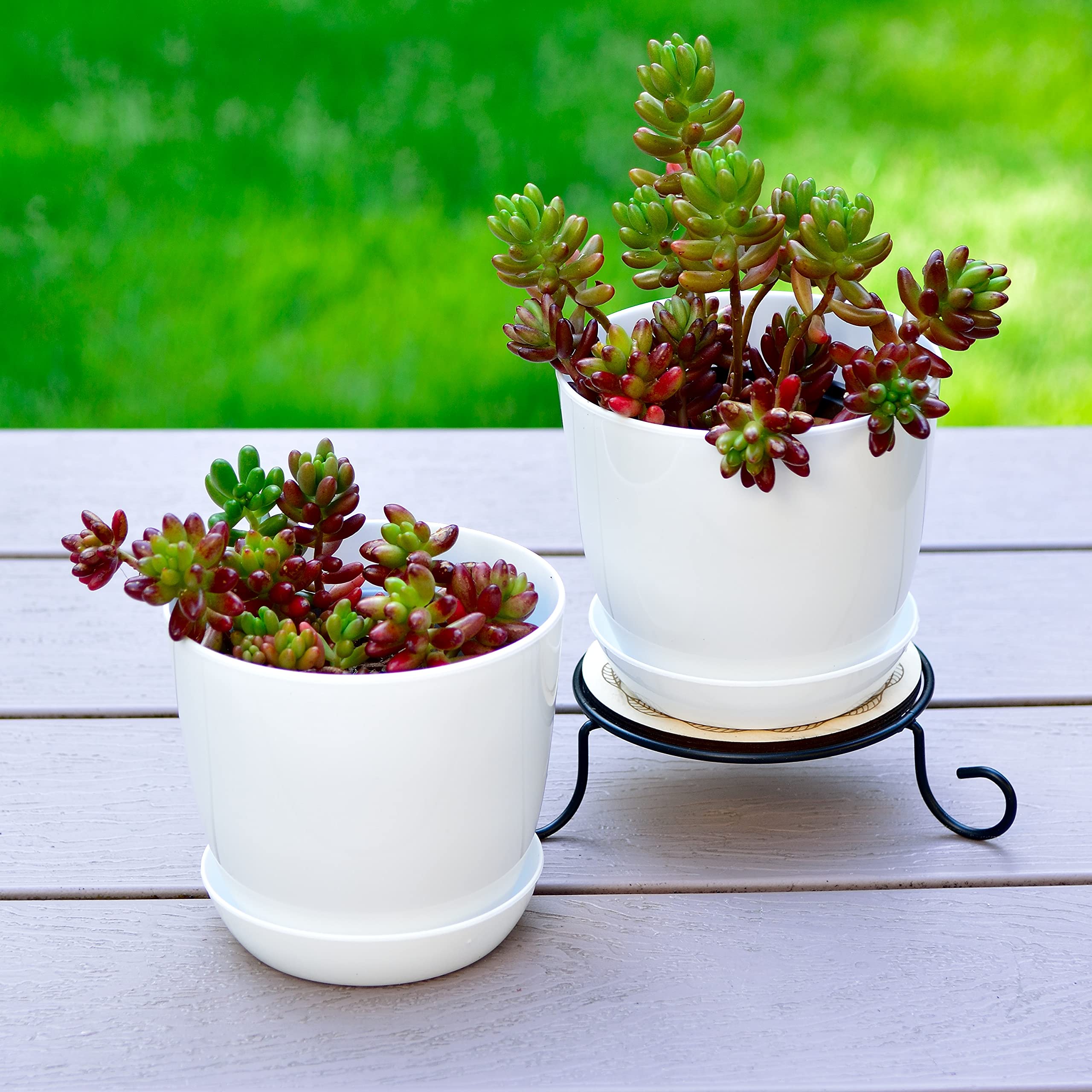 Youngever 4.5 Inch Plastic Planters with Saucers, Indoor Flower Plant Pots, Modern Decorative Gardening Pot with Drainage