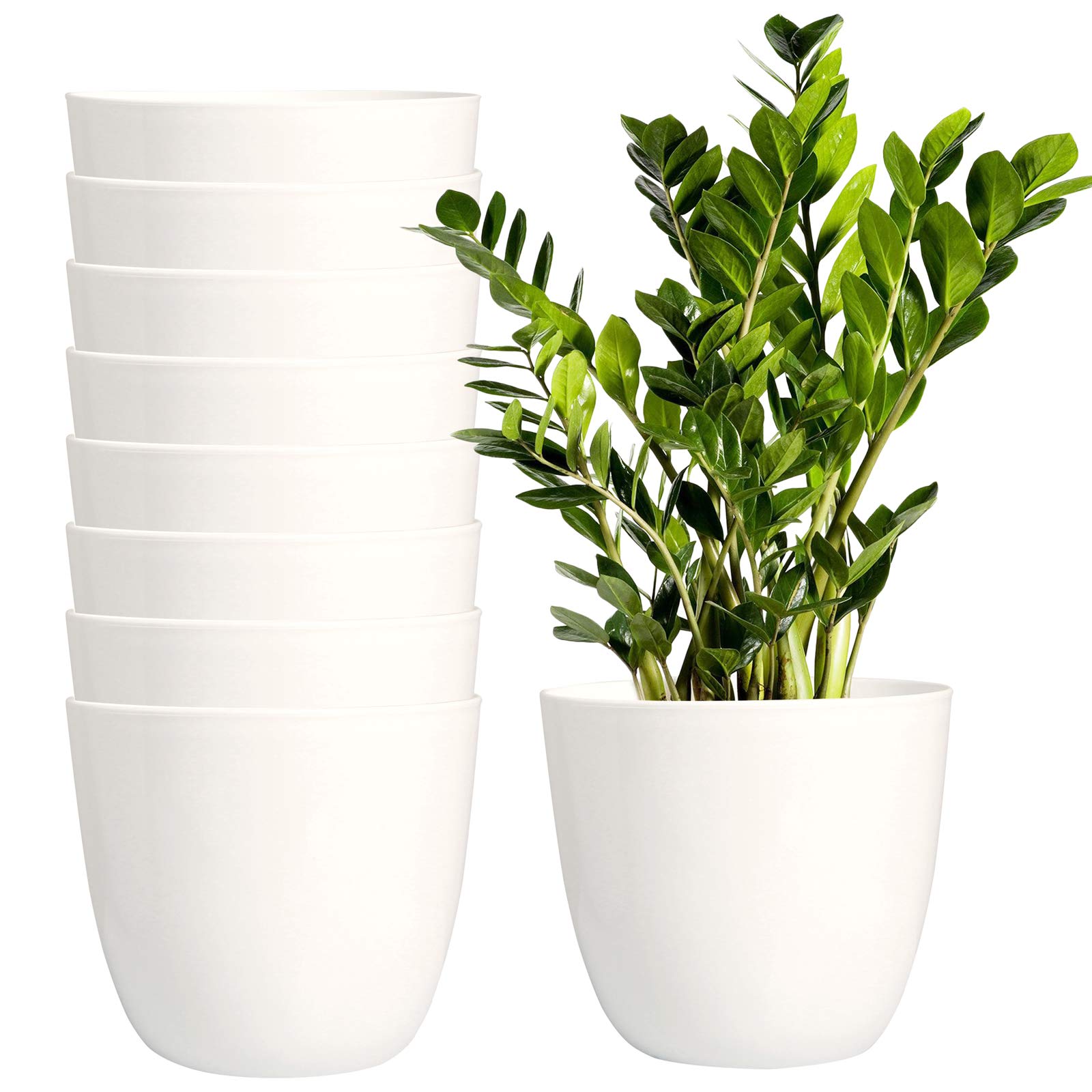 Youngever 8 Pack 5.5 Inch Plastic Planters Indoor Flower Plant Pots, Modern Decorative Gardening Pot with Drainage for All House Plants, Flowers, Herbs, Succulents and Hanging Plants