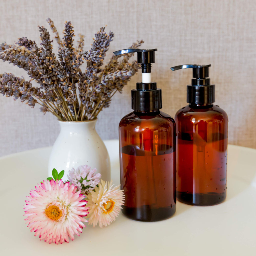 Youngever 6 Pack Amber Plastic Pump Bottles, Refillable Plastic Pump Bottles for Dispensing Lotions, Shampoos, Hand Sanitizer and More