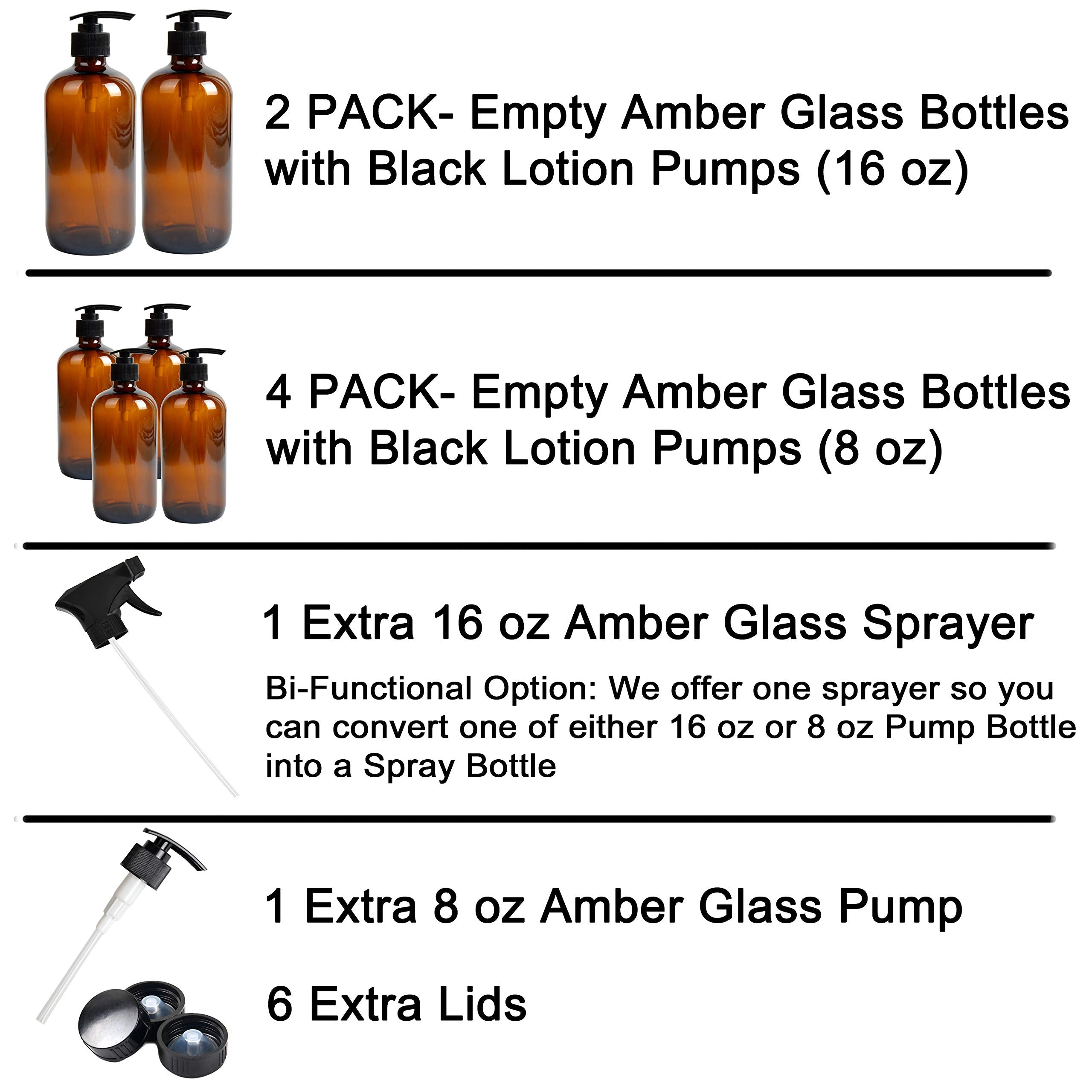 Youngever 6 Pack Empty Glass Pump Bottles, 2 Pack 16 Ounce and 4 Pack 8 Ounce Pump Bottles, Soap Dispenser, Refillable Containers