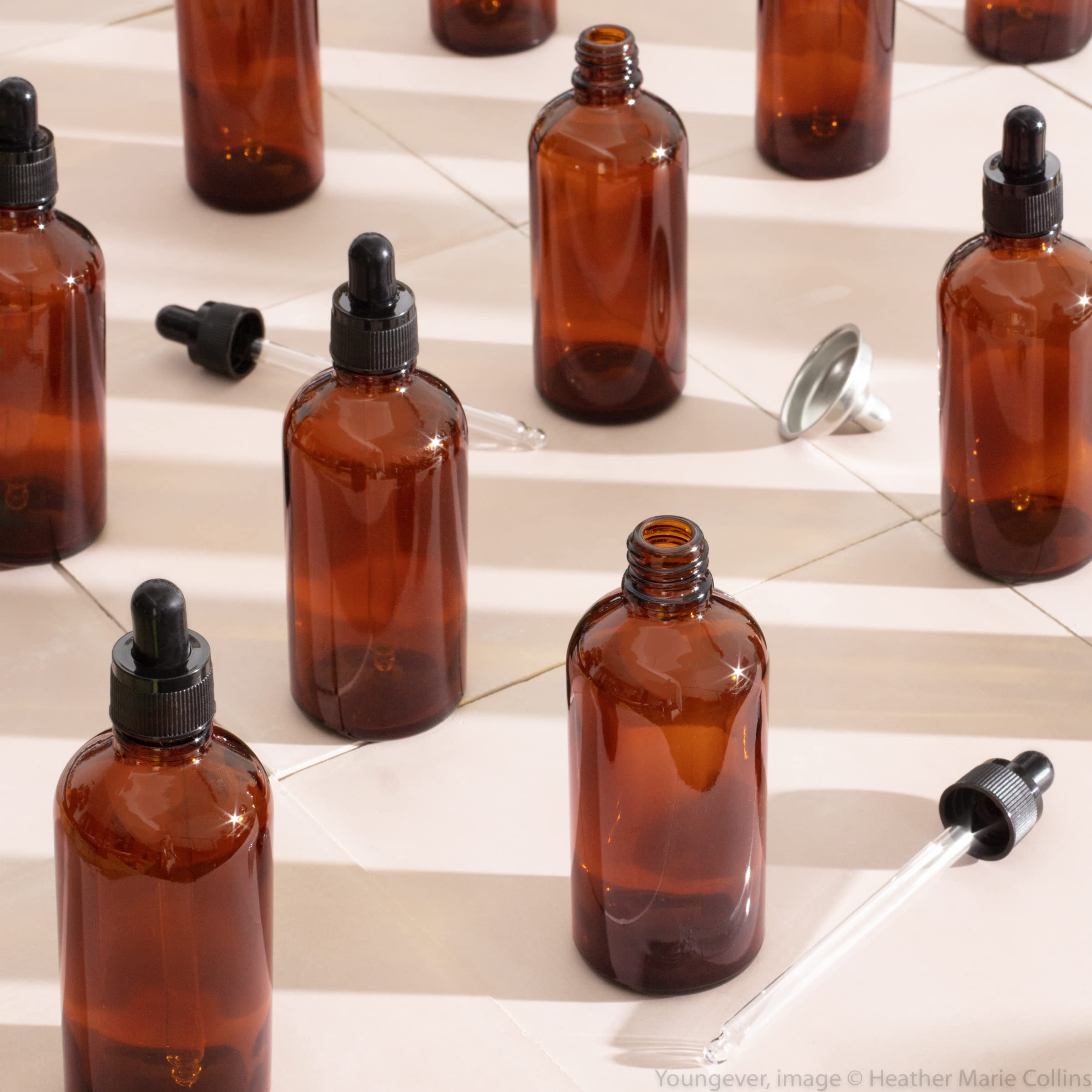 Youngever 16 Amber Glass Dropper Bottles for Essential Oil, 8 Pack (1 Ounce) Amber Bottles With Glass Eye Dropper, 8 Pack (2 Ounce) Amber Bottles With Glass Eye Dropper, 2 Stainless Steel Mini Funnels