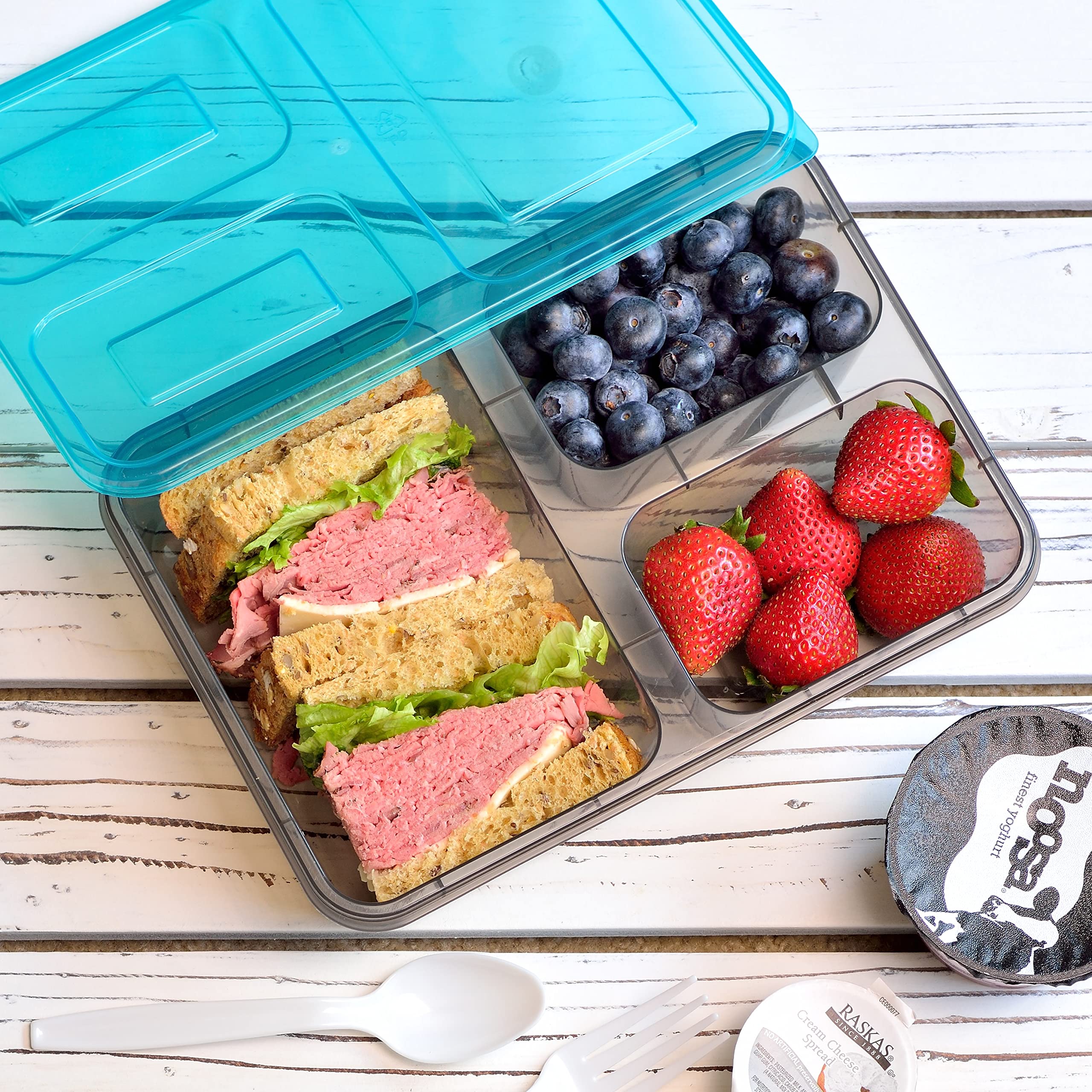 Youngever 7 Sets Thick Large Bento Lunch Box 40 Ounce, Meal Prep Containers, Reusable Plastic Divided Food Storage Container Boxes (3 Compartment)