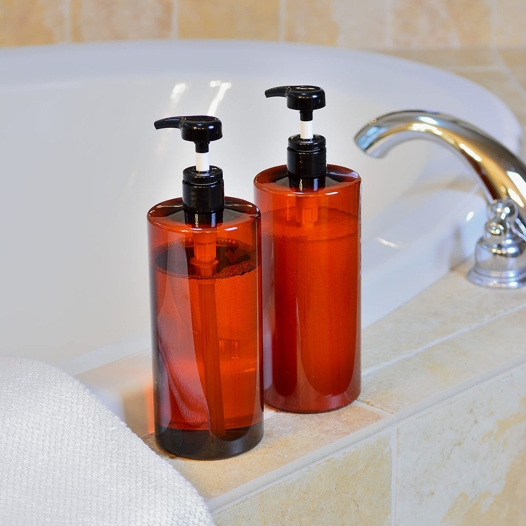 Youngever 4 Pack Pump Bottles for Shampoo 32 Ounce, Amber Shampoo Pump Bottles, Plastic Cylinder with Lockdown Leak Proof Pumps