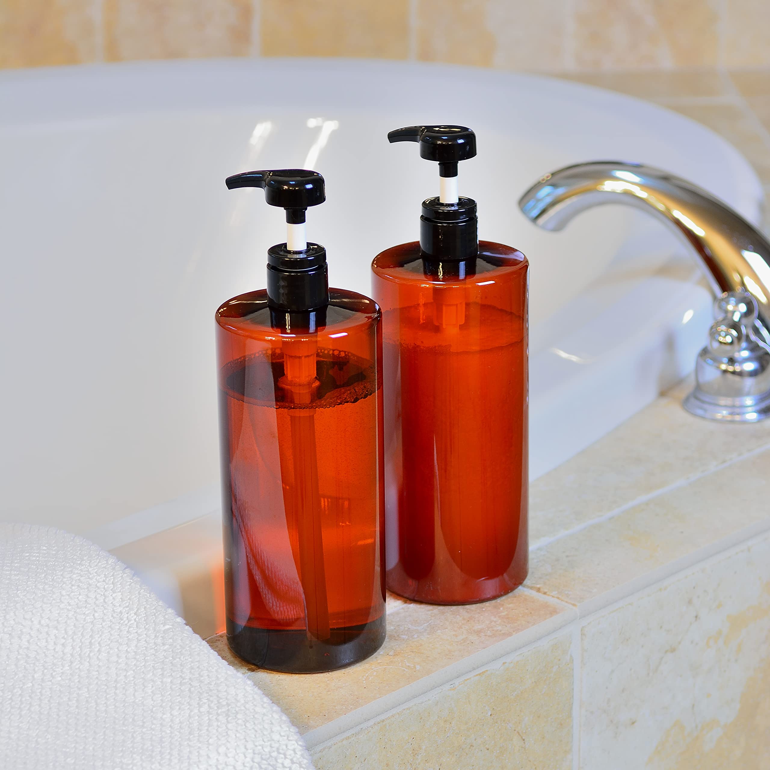 Youngever 4 Pack Pump Bottles for Shampoo 32 Ounce, Amber Shampoo Pump Bottles, Plastic Cylinder with Lockdown Leak Proof Pumps