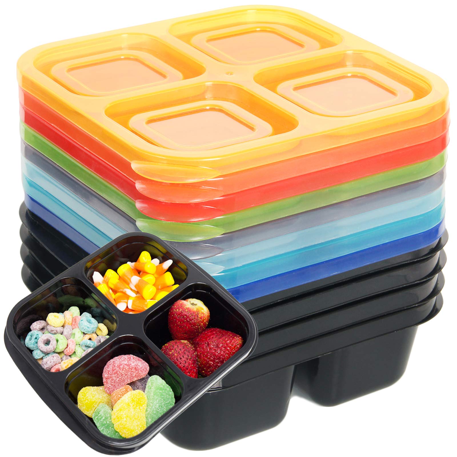 Youngever 8 Pack 4-Compartment Reusable Snack Box Food Containers, Bento Lunch Box, Meal Prep Containers, Divided Food Storage Containers
